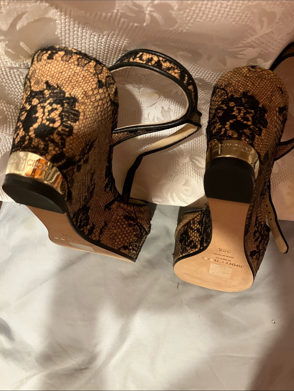 Jimmy Choo Black Lace-Overlay Tan Platform Sandals - Picture 7 of 12